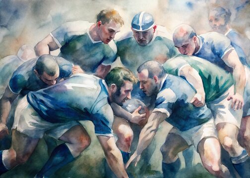 A team of rugby players come together in a tight huddle to discuss tactics and plan their next move, Close-up of a rugby scrum during a professional match, AI Generated