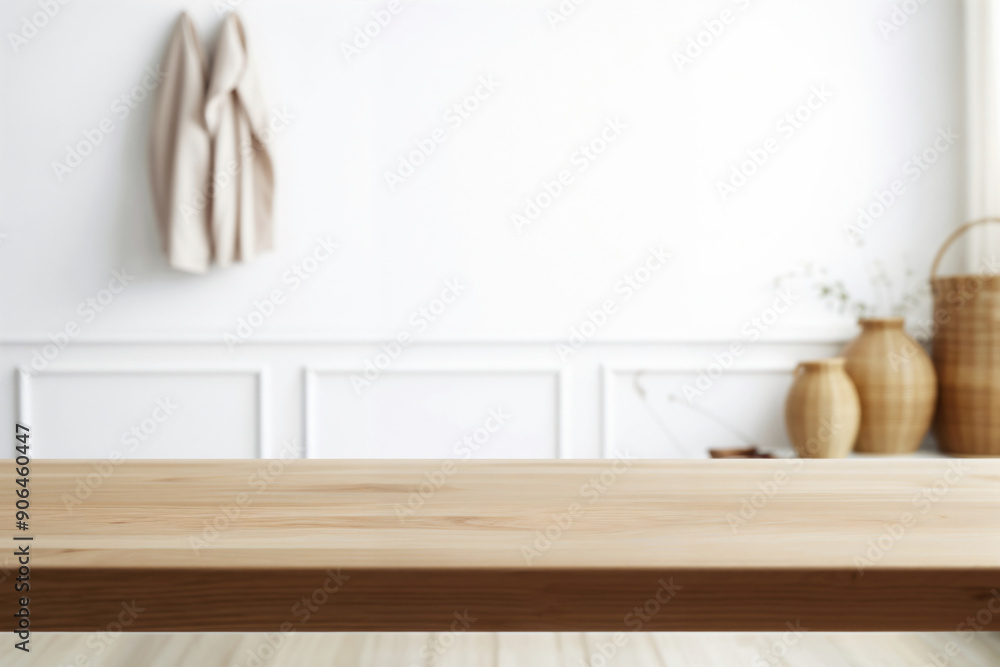 Poster empty wooden surface for product display with blurred minimal room interior in the background