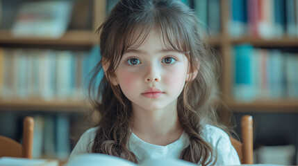 Little dark haired elementary age girl studying math in her classroom. Bring white uniform shirt