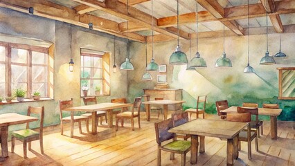 Warm and cozy coffee shop interior with wooden decor, empty tables, and a rewards board displaying stickers and stamps for frequent customers.