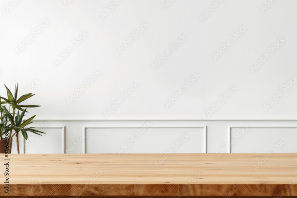 Poster empty wooden table top with white wall background with copy space for product display