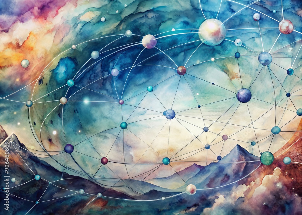 Aufkleber vibrant interconnected nodes and swirling lines evoke a futuristic landscape of global connectivity,