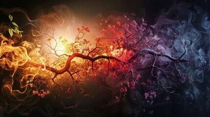 A colorful tree with branches that are red, yellow, and blue