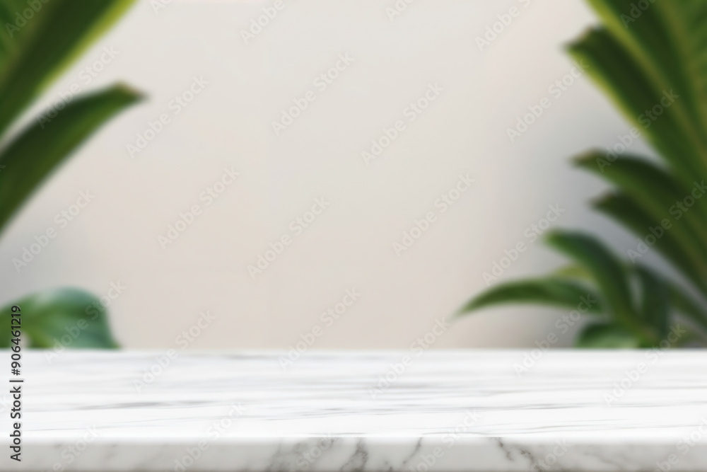 Poster empty white marble tabletop with blurred tropical plants background for product display