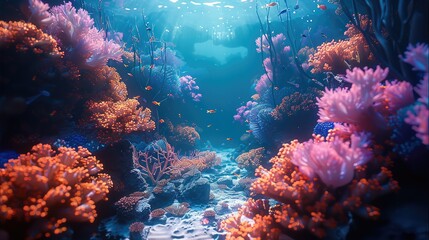 Naklejka premium A futuristic ocean with glowing coral reefs and holographic marine life, thriving under the waves. Generative AI.