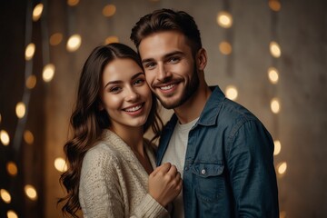 Fototapeta premium Beautiful young loving couple bonding and smiling while celebrating New Year with look in camera