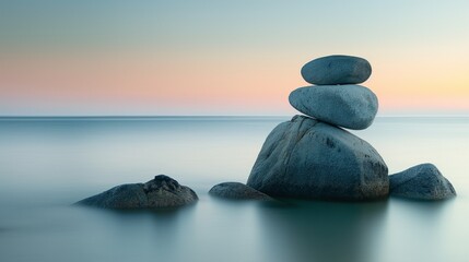 The serene balance of rock formations against the tranquil backdrop of the sea symbolizes harmony and stability in nature