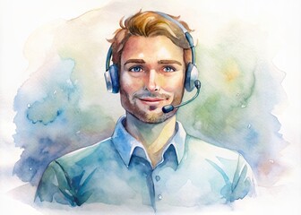 Friendly customer support representative setting with headphones and microphone on a clean white background, conveying helpful assistance and excellent communication.