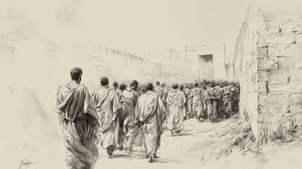 Obraz premium Biblical Illustration of Numbers: Priests Overseeing the Removal of Impurities from the Camp, Captured on a Beige Background, Highlighting the Purification Rituals and Religious Duties