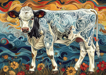 Polygonal illustration of a domestic cow standing in a field of flowers with a whimsical, abstract background