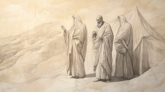 Biblical Illustration of Numbers: God Calling Moses, Miriam, and Aaron to the Tent of Meeting, Captured on a Beige Background, Emphasizing Divine Summons and Leadership