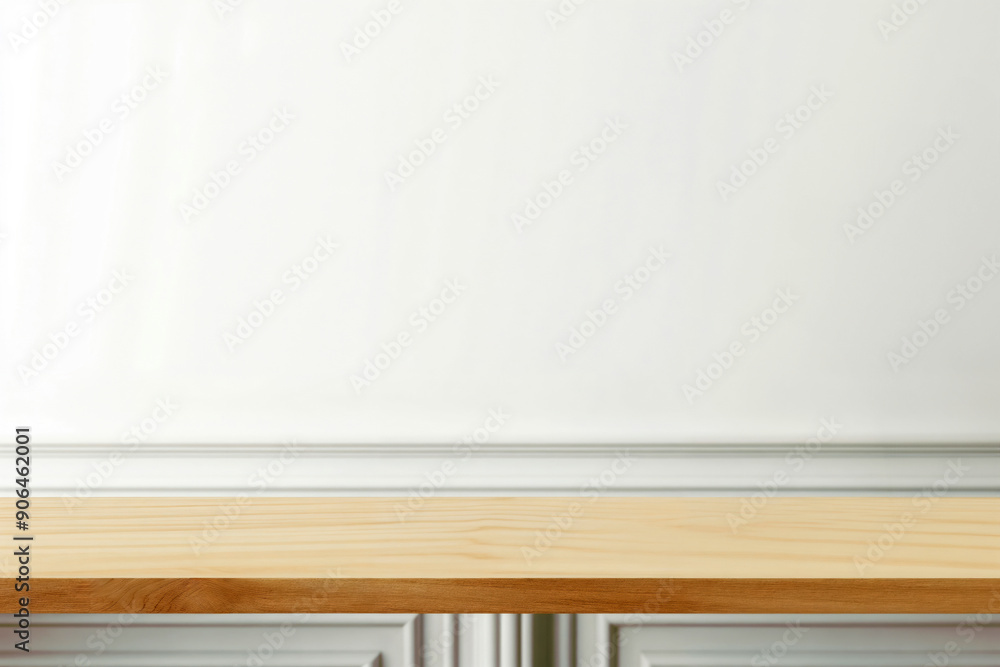 Poster empty wooden tabletop on white wall background for product display