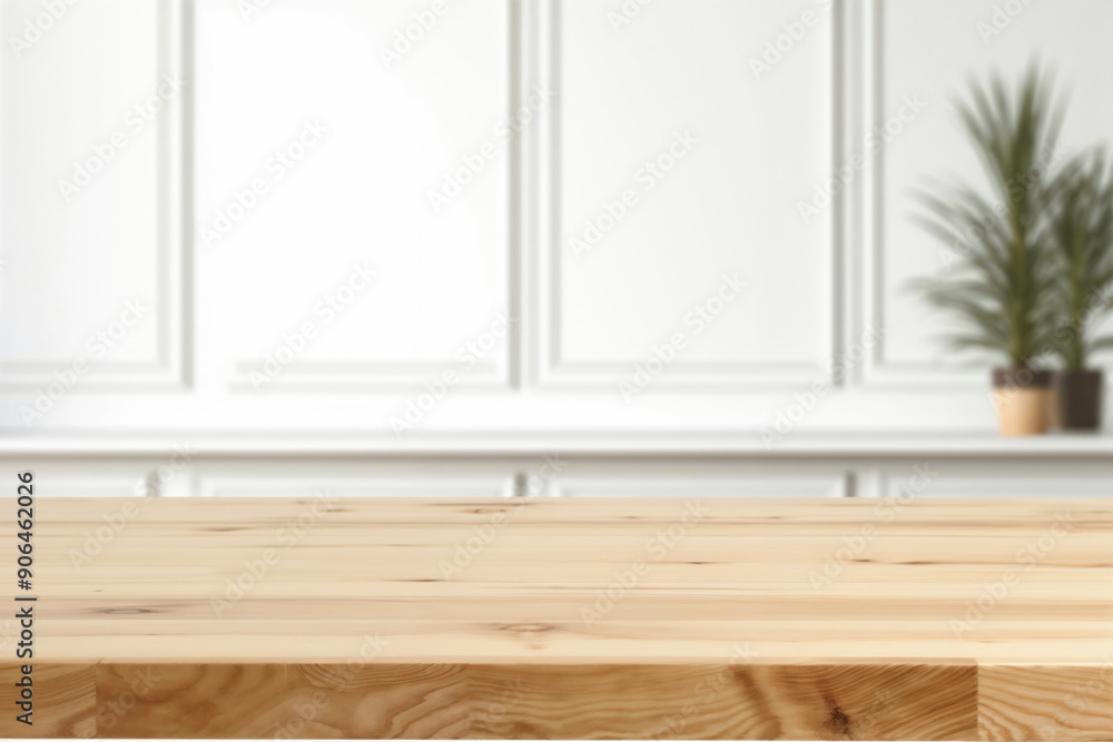 Aufkleber Empty wooden tabletop with copy space for product display and blurred wall panel background