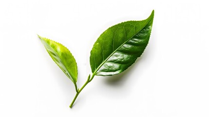 Obraz premium Green Tea Leaves with a Stem on a White Background. 
