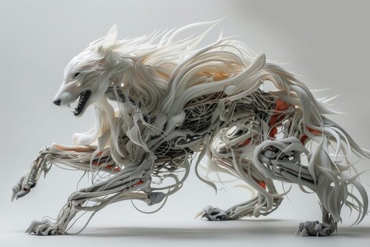 A creature seamlessly transforms from one form to another with fur and bones.