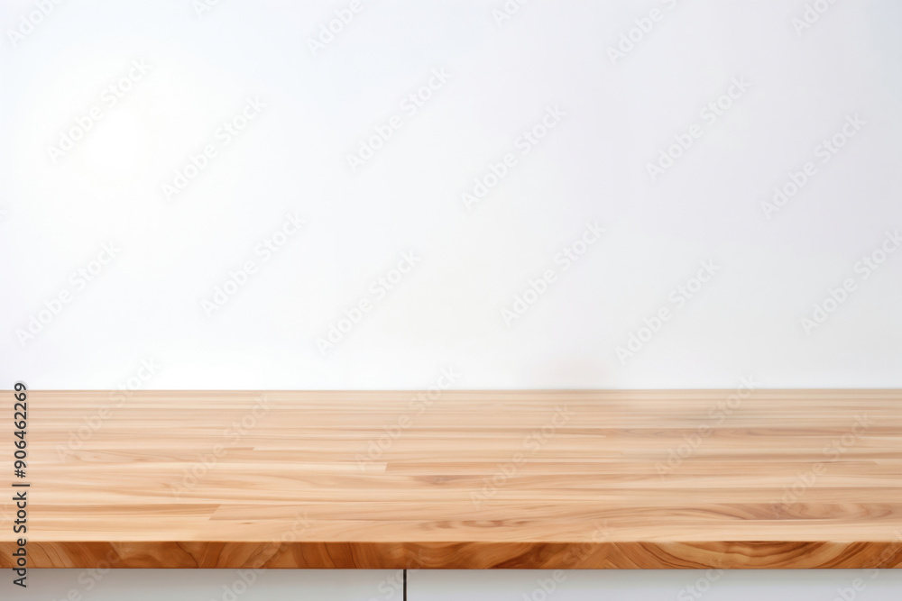 Poster empty light wood table top with white wall background for product display