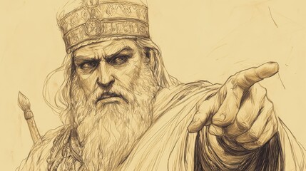 Fototapeta premium King Balak's Frustrated Reaction to Balaam’s Blessings, Biblical Illustration from Numbers, Balaam's Oracles, Beige Background, Ideal for Religious Education and Worship Materials