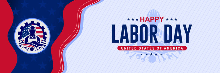 Vector illustration of US Labor Day banner. happy labor day 04 September, banner, social media post with worker and mechanical equipment themes and American flag.