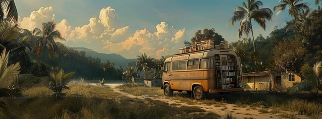 Photo realistic scene of a mobile library van in a rural community, offering books and educational materials, realistic van details, natural environment