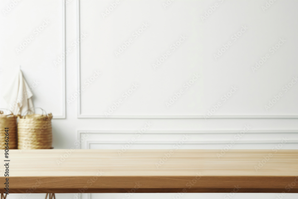 Aufkleber empty wooden table top in front of blurred white wall background with wicker baskets