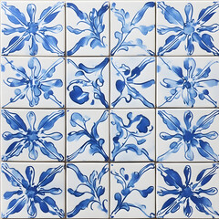 Fototapeta premium Majolica floral blue folk ceramic tile pattern. Traditional Portuguese and Spain decor