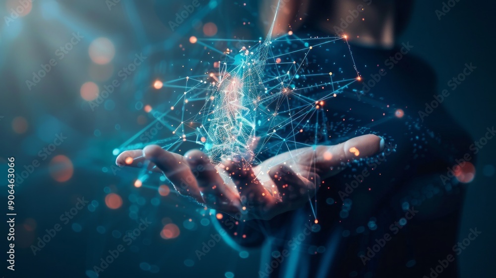 Poster a hand holding a blue and red object with a lot of lines