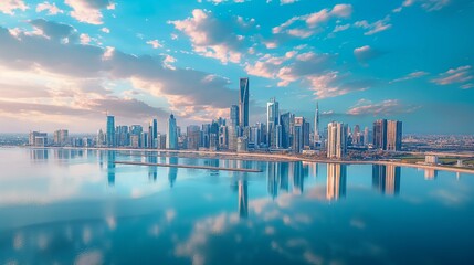 Fototapeta premium The Abu Dhabi skyline is depicted with clouds, showcasing the modern city view of the United Arab Emirates capital
