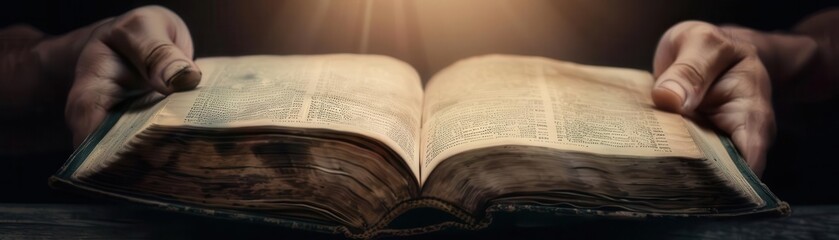 Fototapeta premium Weathered hands holding an open book, photo realistic style, closeup shot, sunlight illuminating pages, detailed textures, natural lighting
