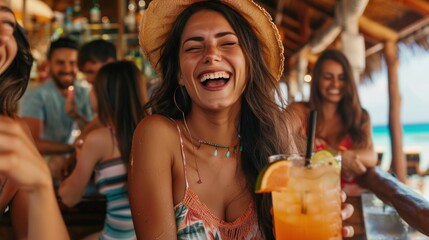 Fototapeta premium Young woman laughing with friends at a tropical beach bar, holding a tropical drink