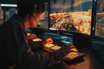 Detailed closeup of a visually impaired person interacting with a Braille display, photo realistic, computer screen in background, intricate details, natural lighting