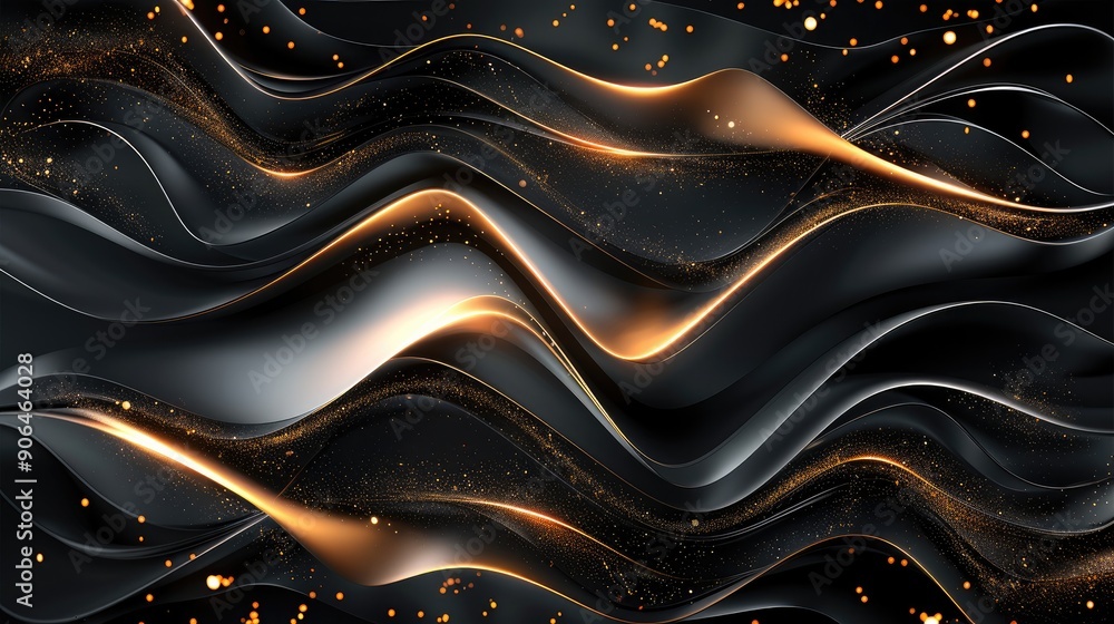 Poster abstract 3d black background with gold lines curved wavy sparkle with copy space for text. luxury st