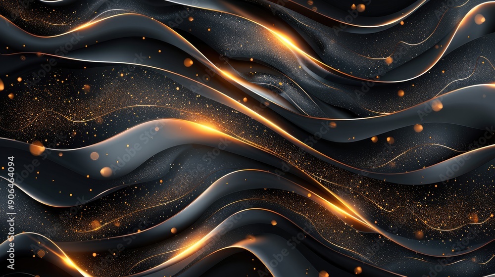 Poster abstract 3d black background with gold lines curved wavy sparkle with copy space for text. luxury st