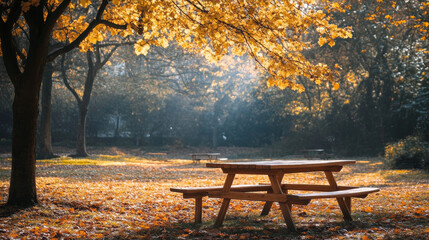 Outdoor picnic tables represent communal gathering, leisure, and connection with nature, symbolizing shared experiences and moments of relaxation in scenic environments.