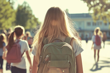 Realschülerin auf dem Weg zur Schule mit anderen Schulkindern