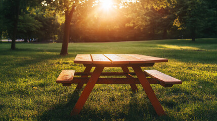 Outdoor picnic tables represent communal gathering, leisure, and connection with nature, symbolizing shared experiences and moments of relaxation in scenic environments.