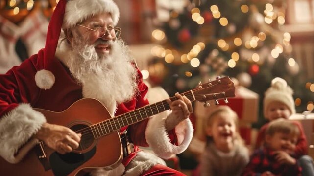 santa claus playing guitar at night
