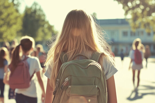 Realsch&uuml;lerin auf dem Weg zur Schule mit anderen Schulkindern