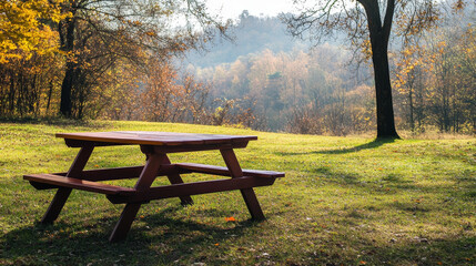 Outdoor picnic tables represent communal gathering, leisure, and connection with nature, symbolizing shared experiences and moments of relaxation in scenic environments.