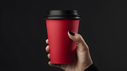 A Hand Holding a Red Disposable Coffee Cup with a Black Lid