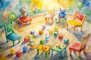 Obraz premium Vibrant toys and colorful blocks scattered around empty chairs at a children's play table, conveying friendship and diversity in a joyful, inclusive atmosphere.