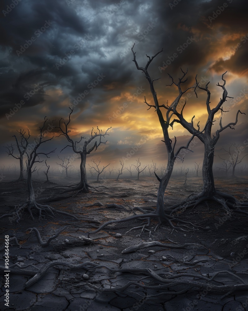 Poster a desolate landscape with a few trees and a cloudy sky. the trees are bare and the sky is dark and s