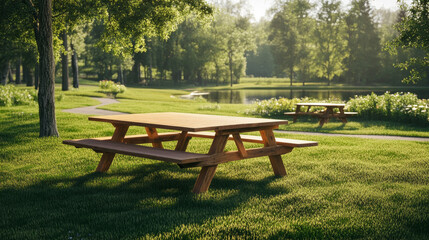 Outdoor picnic tables represent communal gathering, leisure, and connection with nature, symbolizing shared experiences and moments of relaxation in scenic environments.
