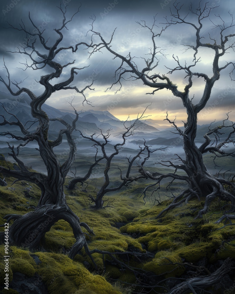 Aufkleber a forest with two trees in the foreground and a mountain in the background. the trees are bare and t