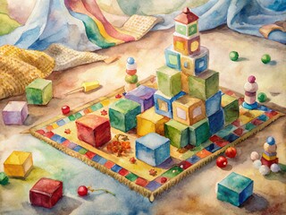 Colorful building blocks scattered around a traditional Indian rug, with a few blocks stacked high, surrounded by toys and snacks, suggesting a toddler's playful activity.