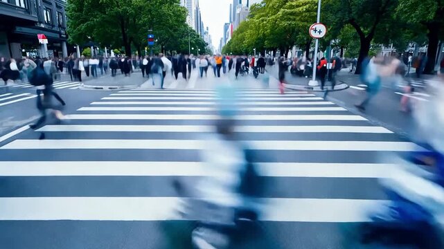 Time lapse of a zebra crossing where many people cross in a large city.