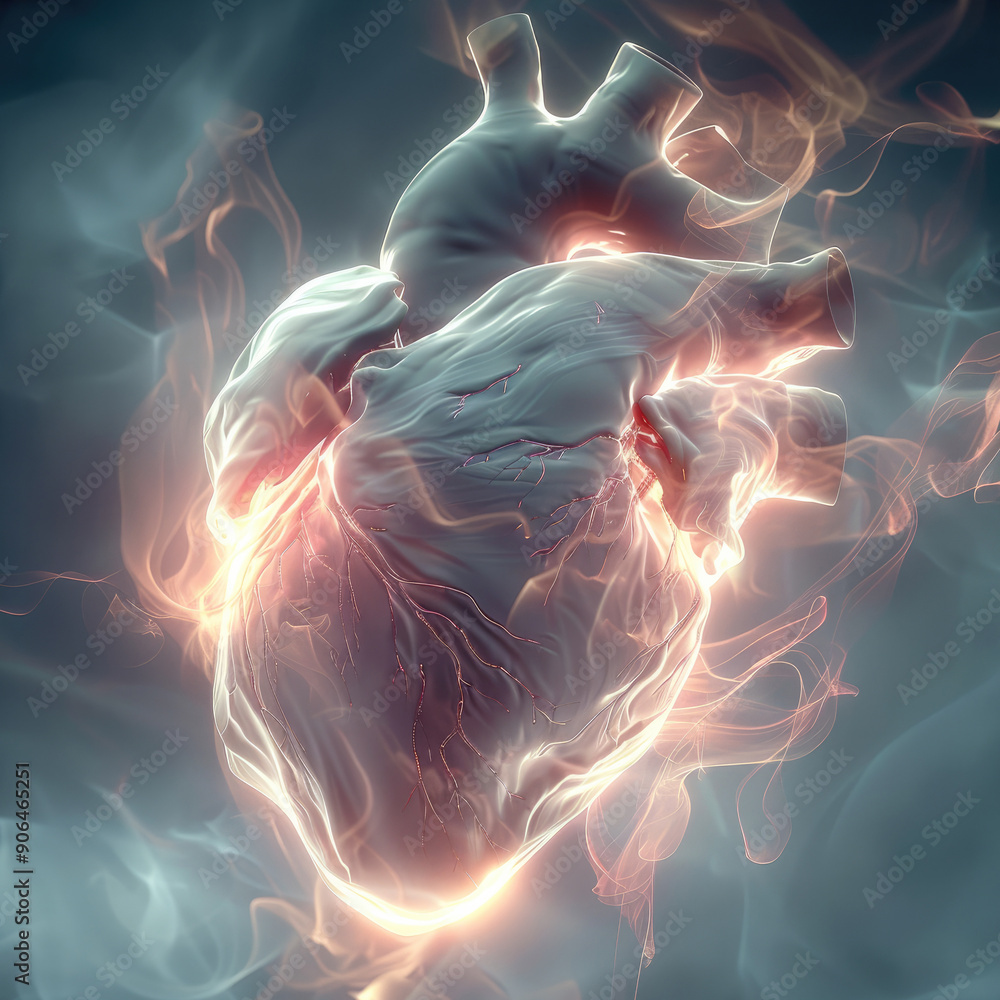 Poster An abstract representation of honesty, with intertwining threads of light forming an open, radiant heart. Generative AI.