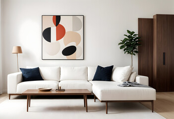 A modern living room with a white sofa, a wooden side table, and a framed abstract art piece on the wall featuring organic shapes and neutral colors. Template.
