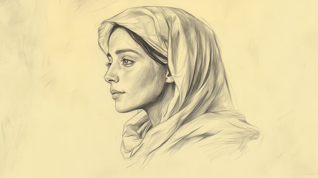 Miriam's Peaceful Expression as She Passes, Biblical Illustration from Numbers, Beige Background, Perfect for Religious Education and Worship Materials