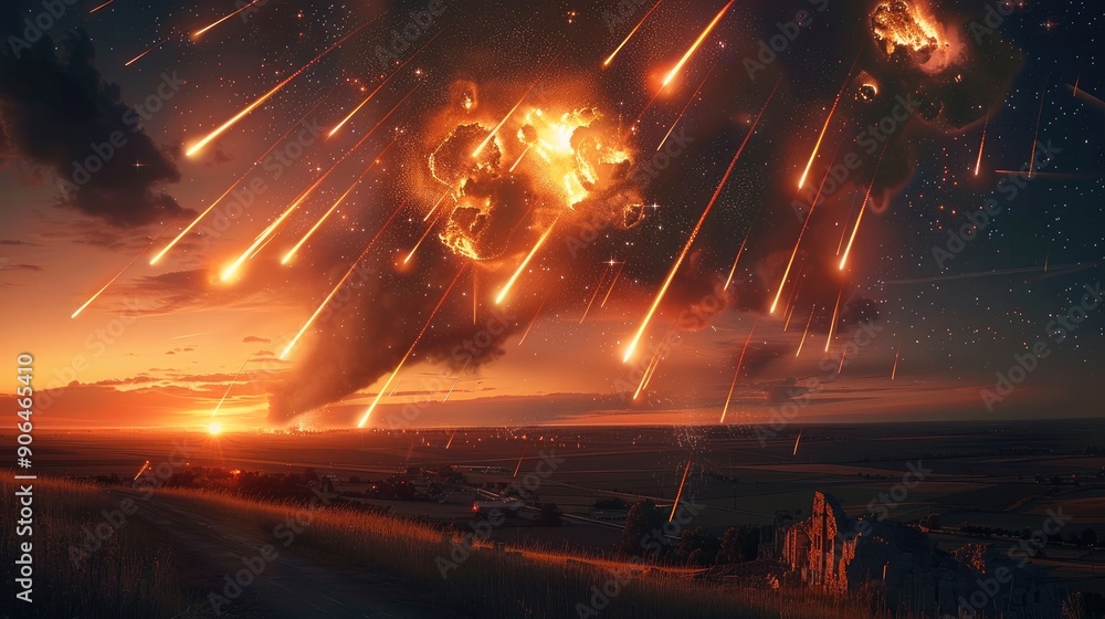 Aufkleber An integrated combination of meteors streaking across the sky with several massive meteor strikes devastating the countryside. Generative AI.