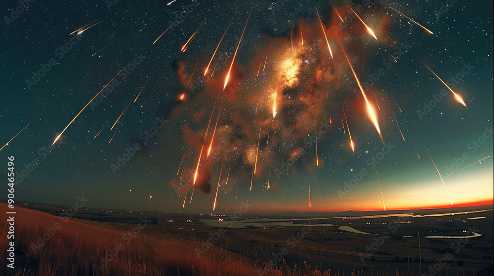 Poster An integrated combination of meteors streaking across the sky with several massive meteor strikes devastating the countryside. Generative AI.